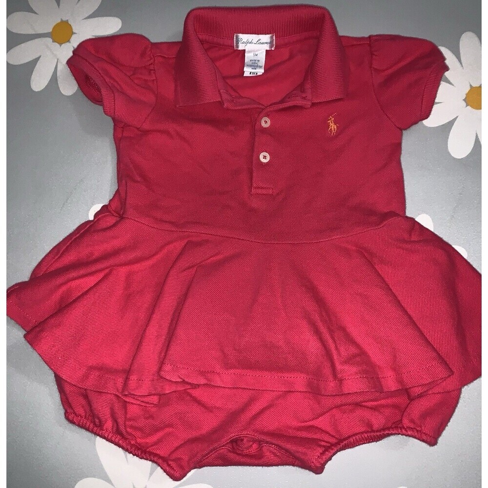 Ralph Lauren Baby Girl Size 9M Red Mesh Polo Bubble Shortall Great Condition
